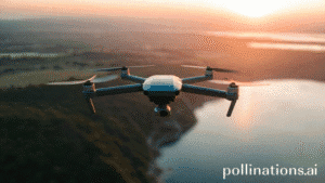 aerial shot of a modern drone flying over a scenic landscape at sunrise