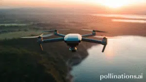 aerial shot of a modern drone flying over a scenic landscape at sunrise